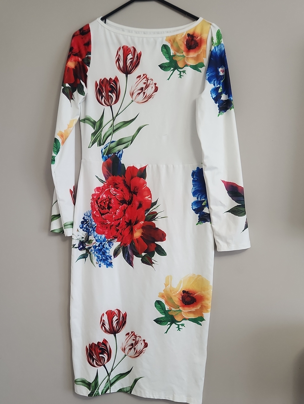 White Long-Sleeve Floral Sheath Dress with Bold Multicolor Blooms